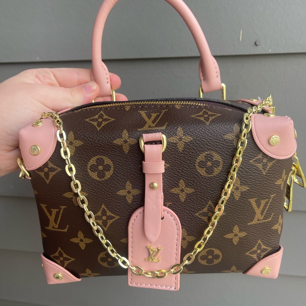 Brown inspired Monogram Canvas Mini Bag with Pink Trim and Gold Chain